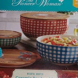 The Pioneer Woman Wishful Winter Plaid Ceramic Bowl Set with wooden lids